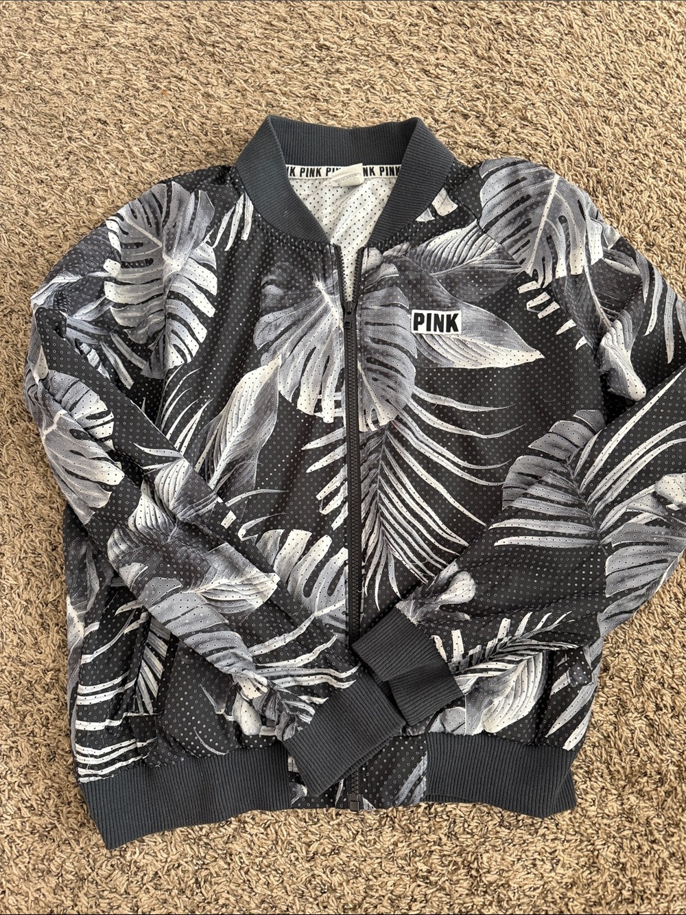 PINK Victoria's Secret Black & Gray Leaf-Print Zip Bomber Sweater